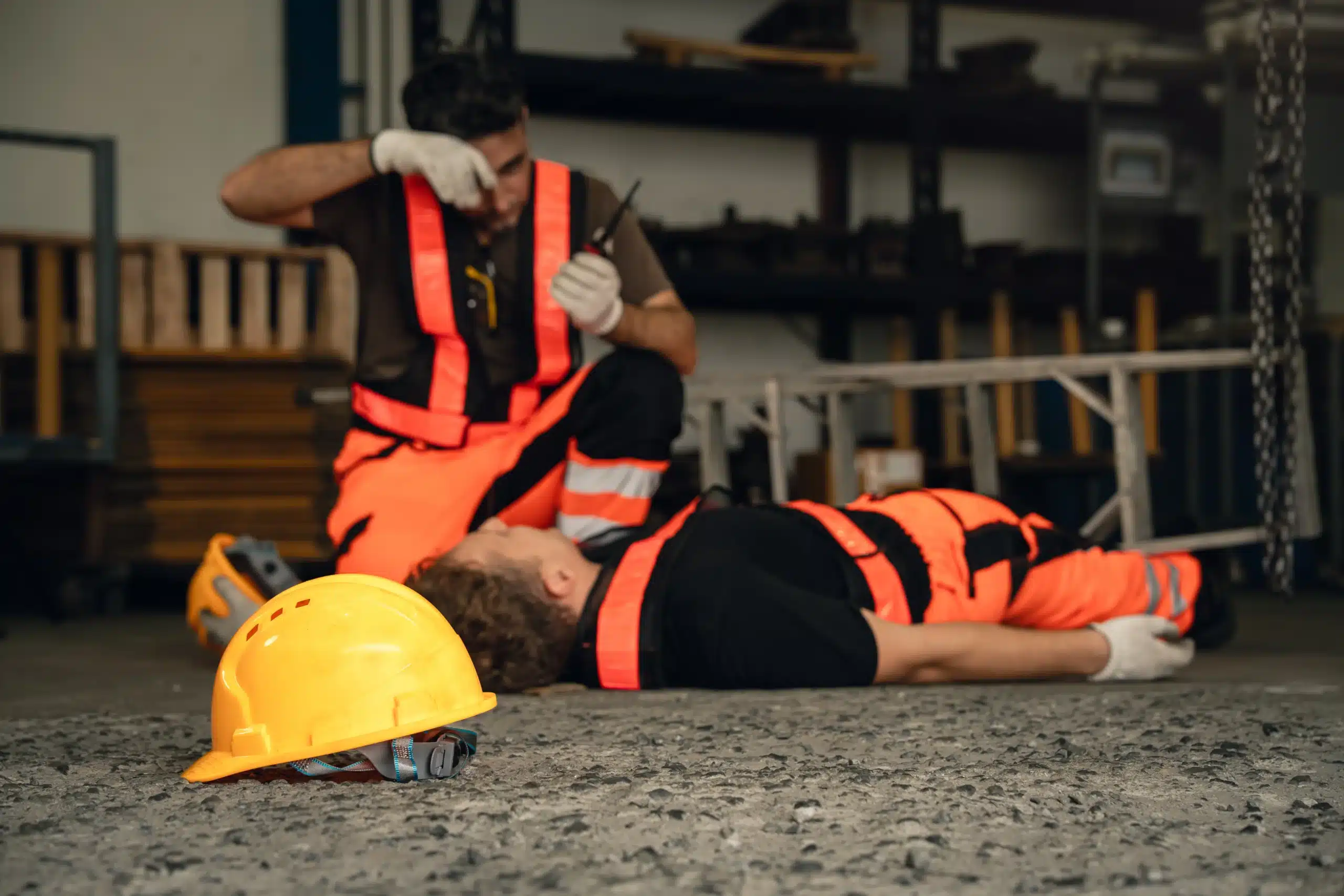 A construction worker in a hard hat and orange safety vest lies injured on a workshop floor as a coworker kneels beside him, checking his condition.