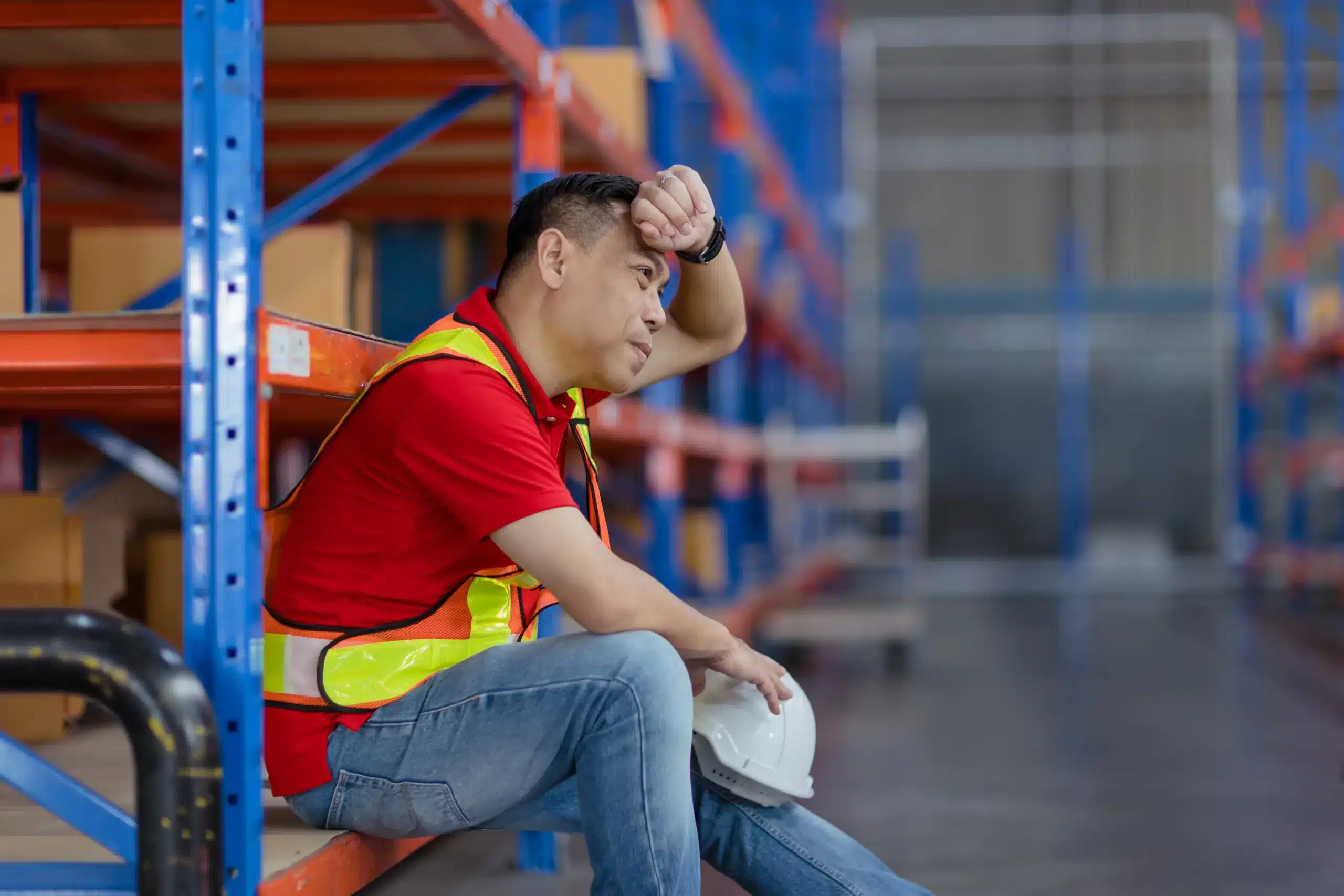 Tired warehouse worker in red safety vest holding hard hat, illustrating working another job while receiving Illinois workers’ compensation.