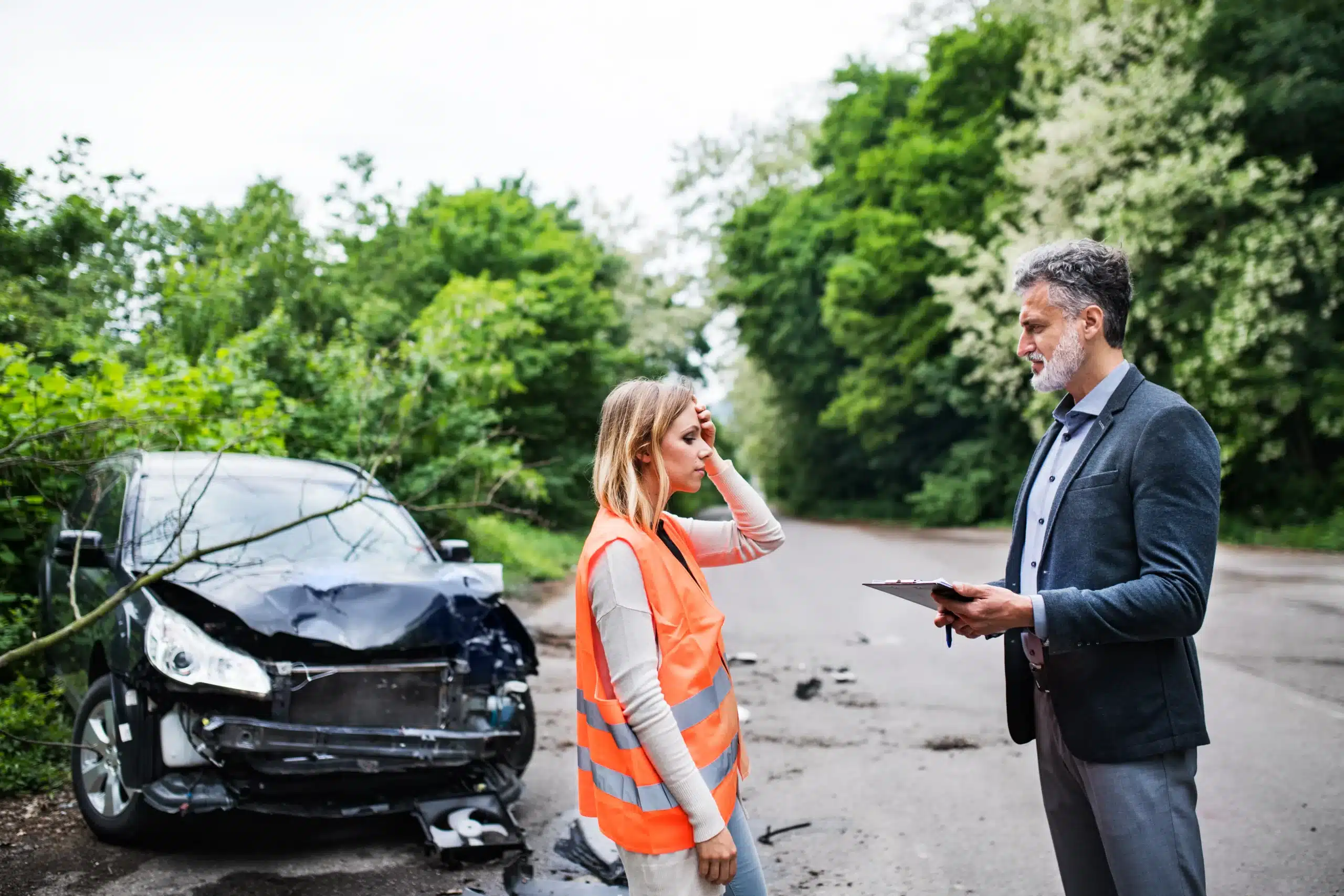 Damaged car at an Illinois accident scene as people discuss the crash